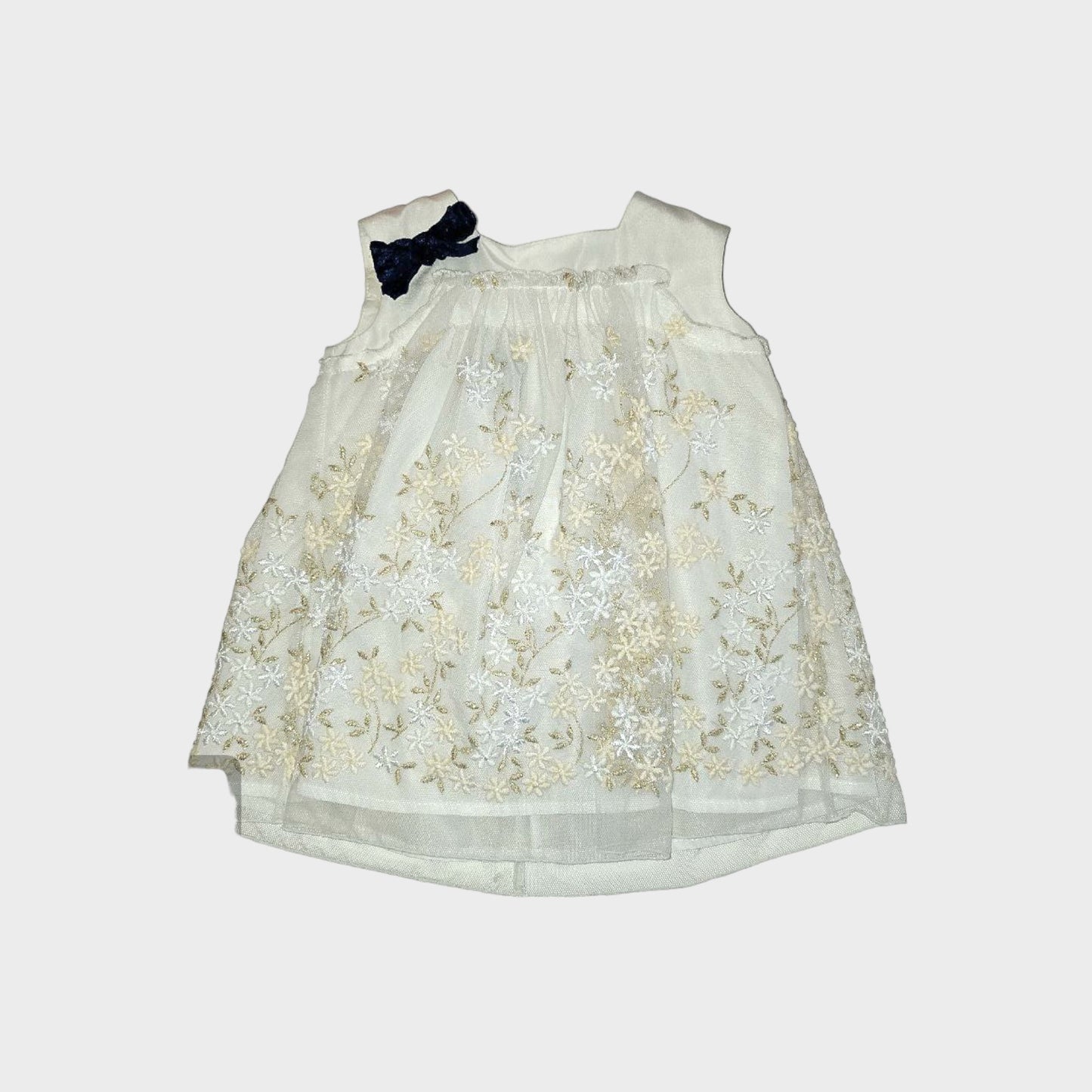 Vestito smanicato doppio tessuto con tulle con ricami oro