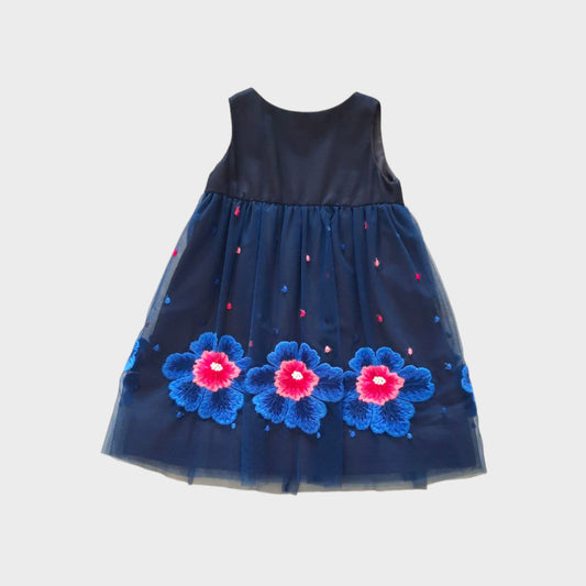 Vestito smanicato con parte gonna in tulle con ricamo fiori