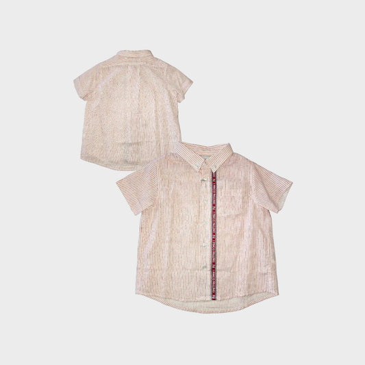 Camicia a manica corta in misto lino a righe con fettuccia personalizzata - bianco-rosso - 2
