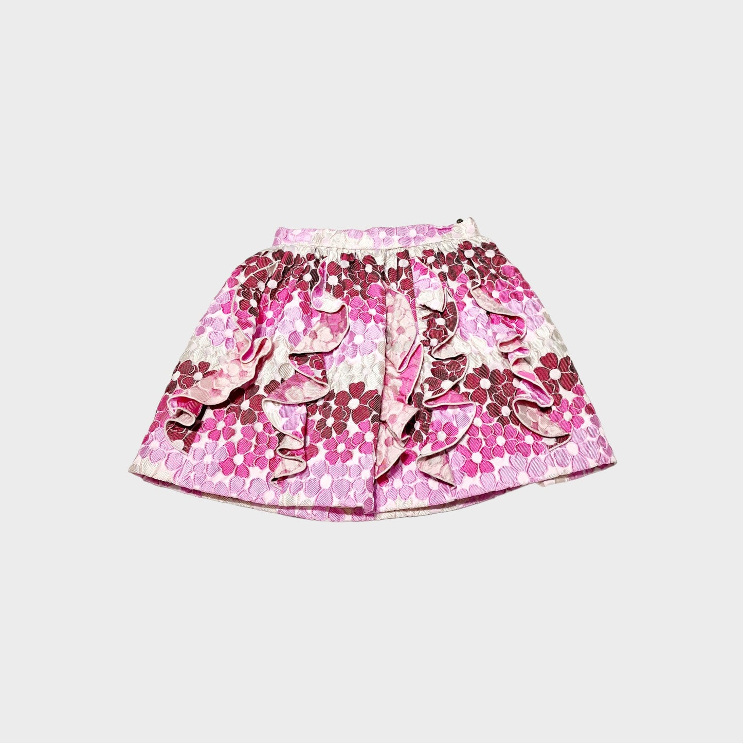 Gonna corta in tessuto fantasia fiori con motivo rouches sul davanti